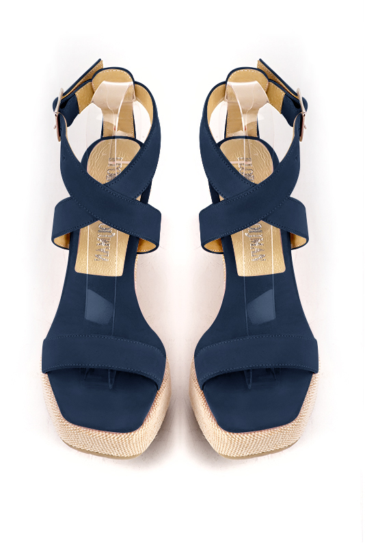 Navy blue women's fully open sandals, with crossed straps.. Top view - Florence KOOIJMAN